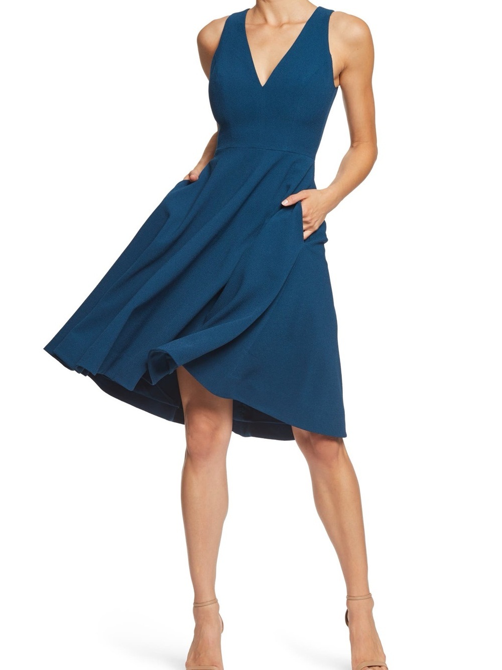 Dress the Population Catalina Teal Sleeveless V-Neck Fit & Flare Dress Size S